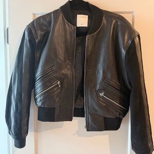 Sandro Black Lamb Leather Bomber Jacket with Suede